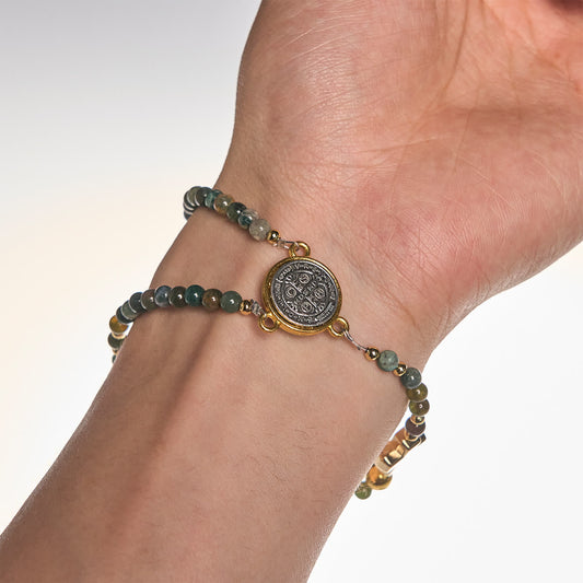 Handmade Earth Tone Rosary Bracelet with Cross & St. Benedict Charm