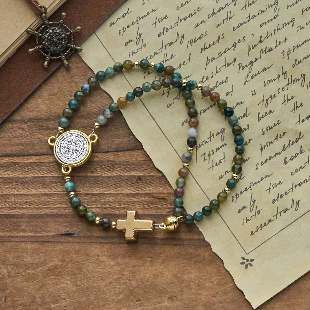 Handmade Earth Tone Rosary Bracelet with Cross & St. Benedict Charm