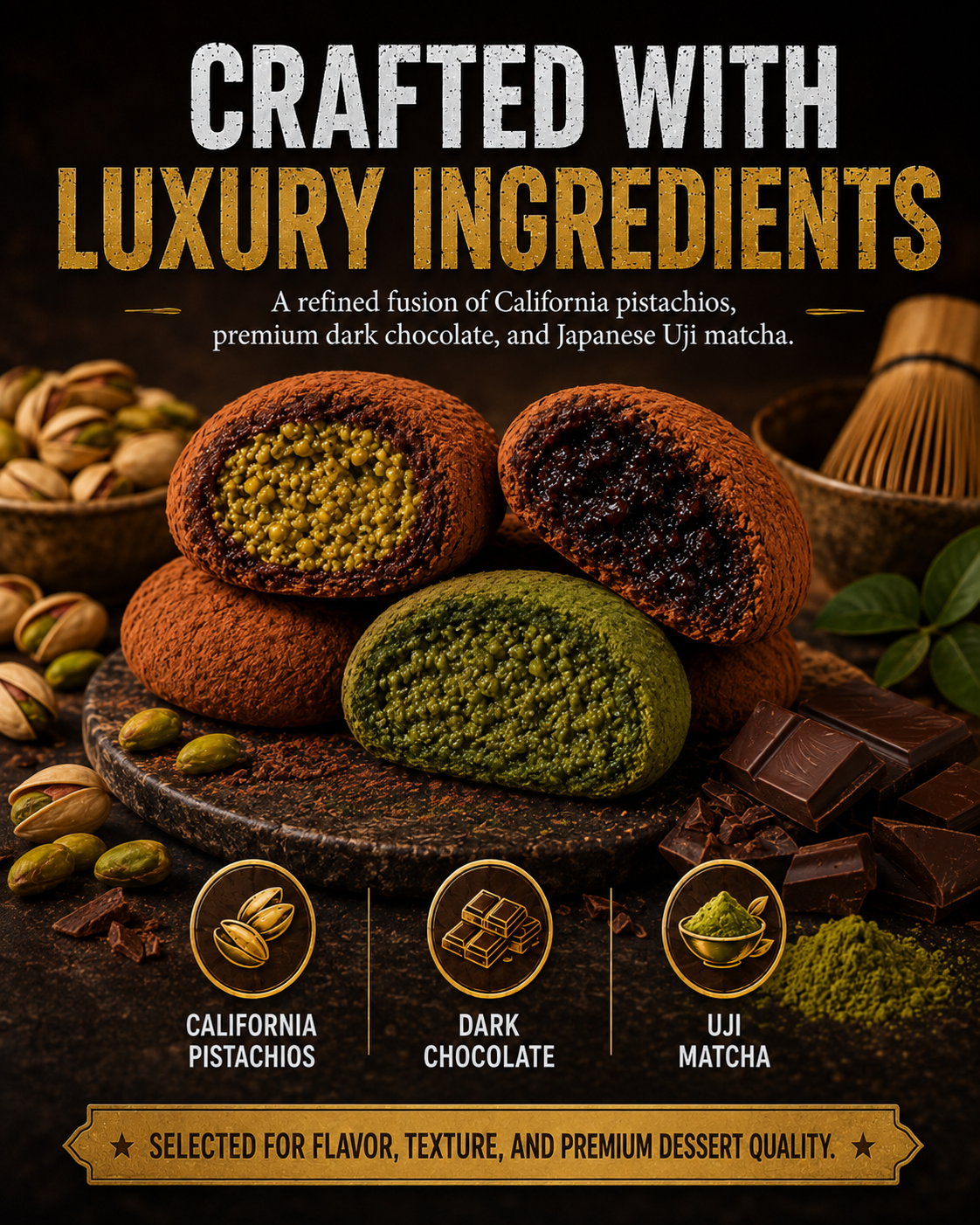 🍪 **Dubai Velvet Cookies - 🏆💎 Premium Pistachio Dark Chocolate & Uji Matcha Cookies**
