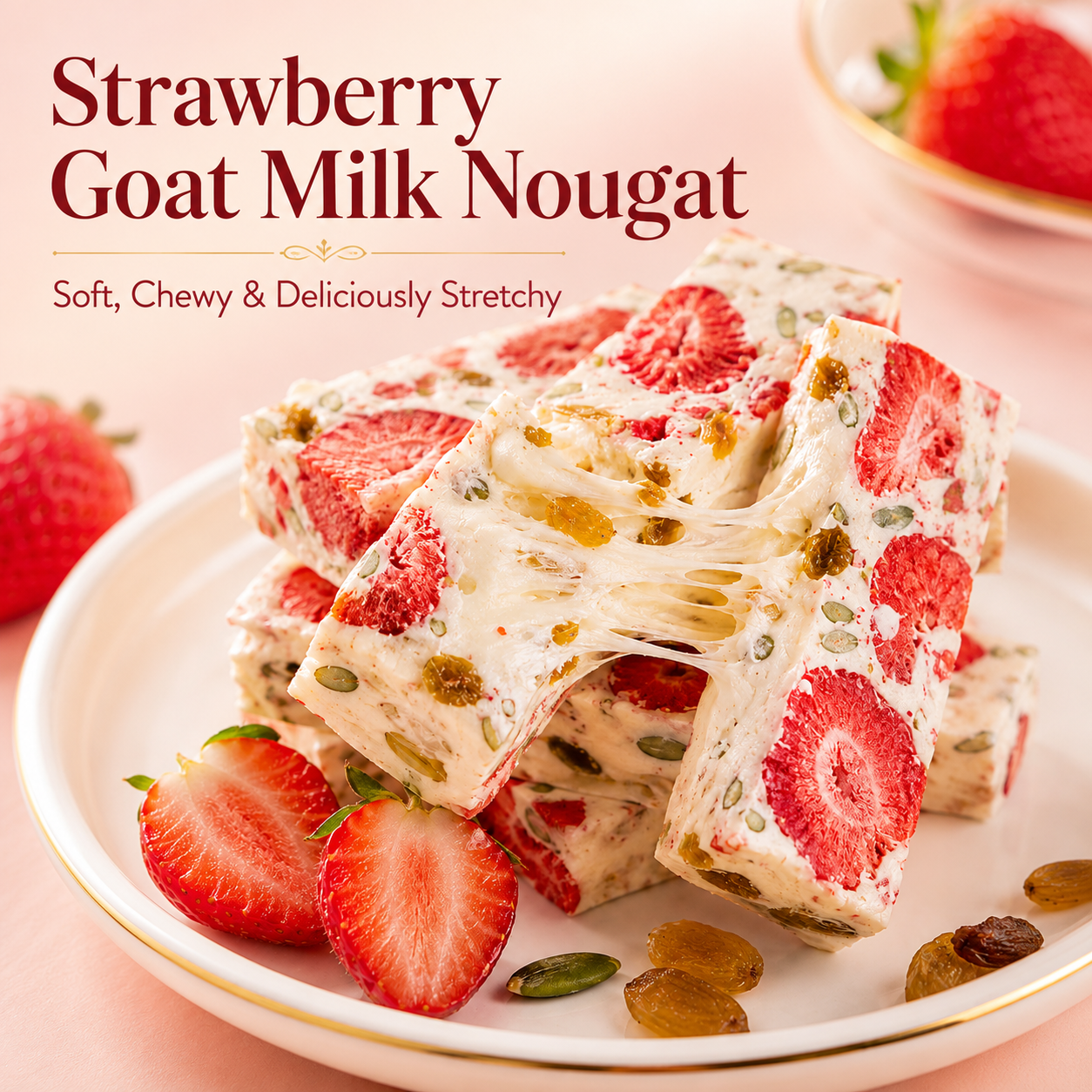 Irresistibly Chewy Strawberry Goat Milk Nougat — Creamy, Fruity & Deliciously Stretchy 🍓🥛