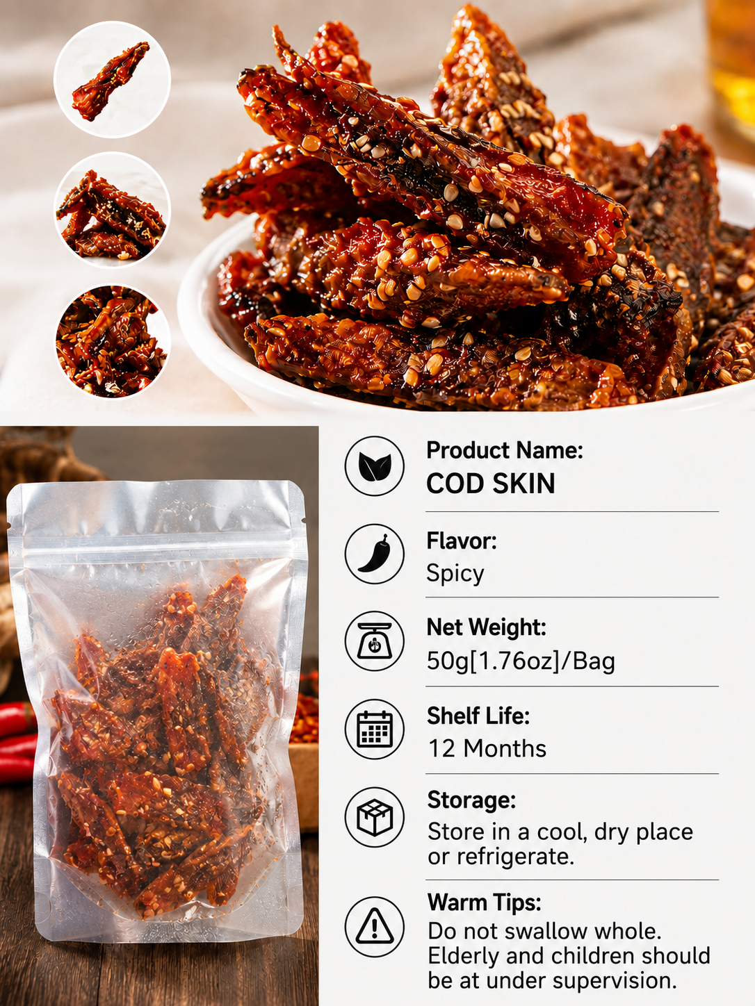 🌶️ Premium Crispy Spicy Cod Skin Snack | Crunchy Seafood Chips