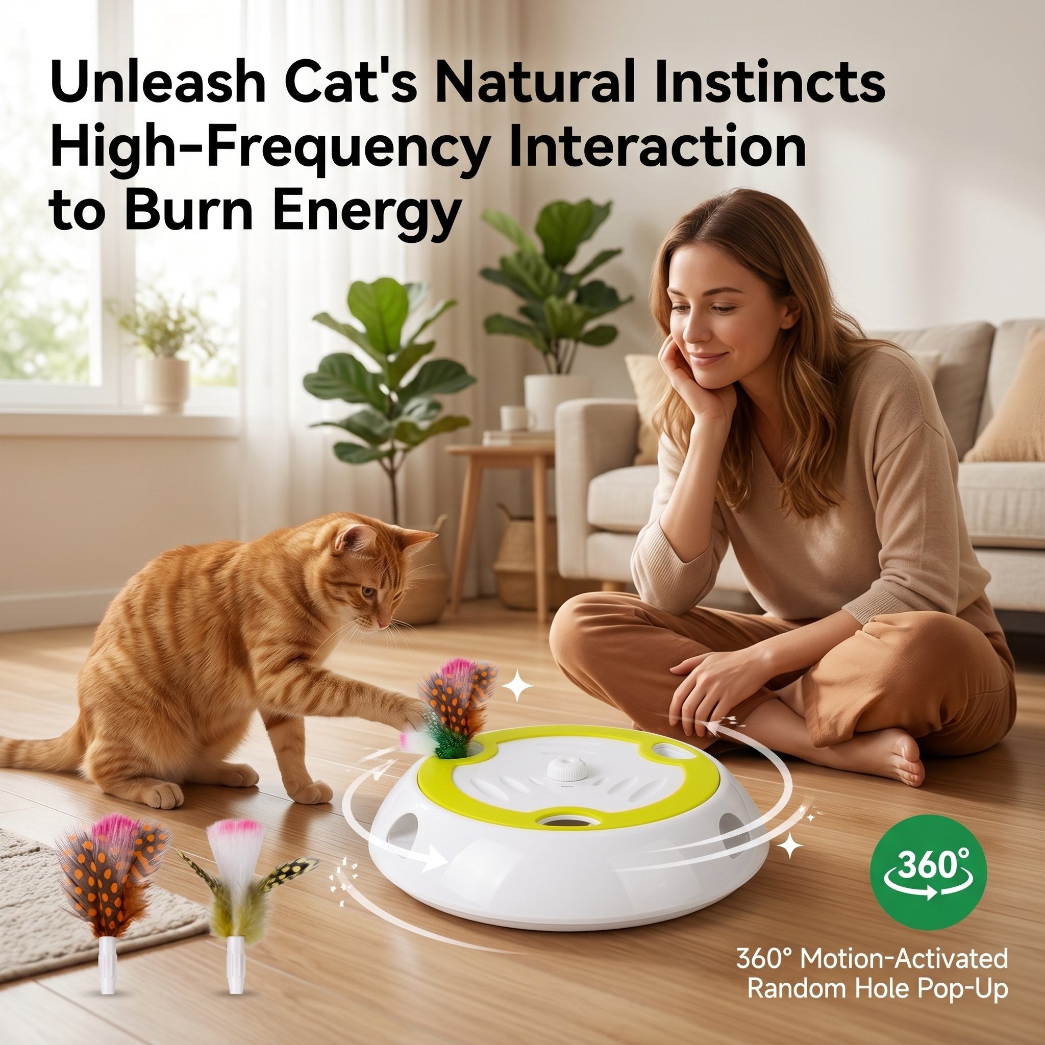 Whack A Mole Cat Mouse Toy for Cats - Interactive Cat Toys with Automatic Feather Mice & No Touch Sensor Required
