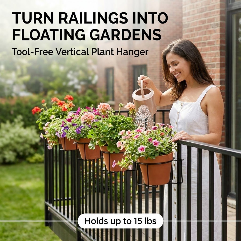 No-Drill Railing Plant Hanger – Snap-On Balcony Planter Holder for Pots, Deck & Fence